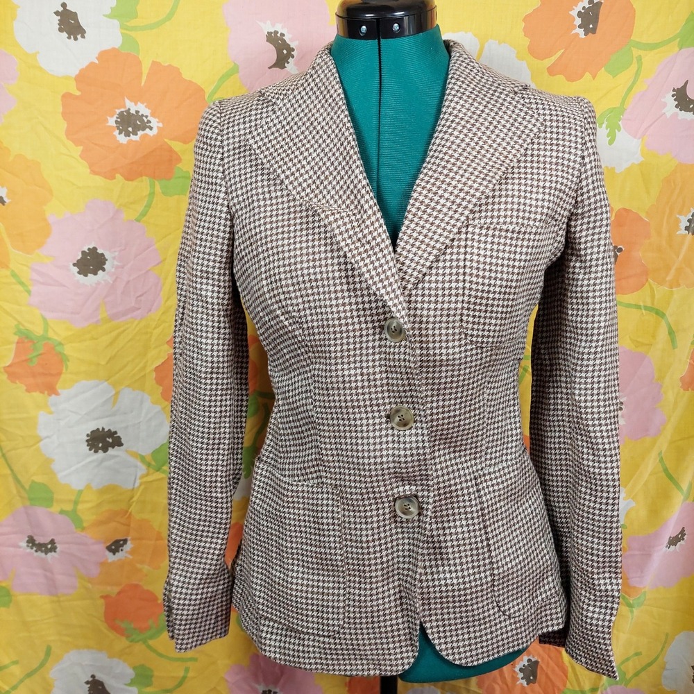 Max Mara Italy Houndstooth Blazer Brown White Y2K 70s Style Size 2